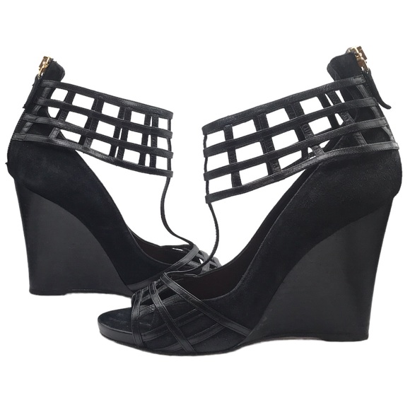 DEREK LAM 'BERYL' Cage T-STRAP BLACK Suede Leather PEEP-TOE WEDGES! Size 7! - Picture 6 of 7